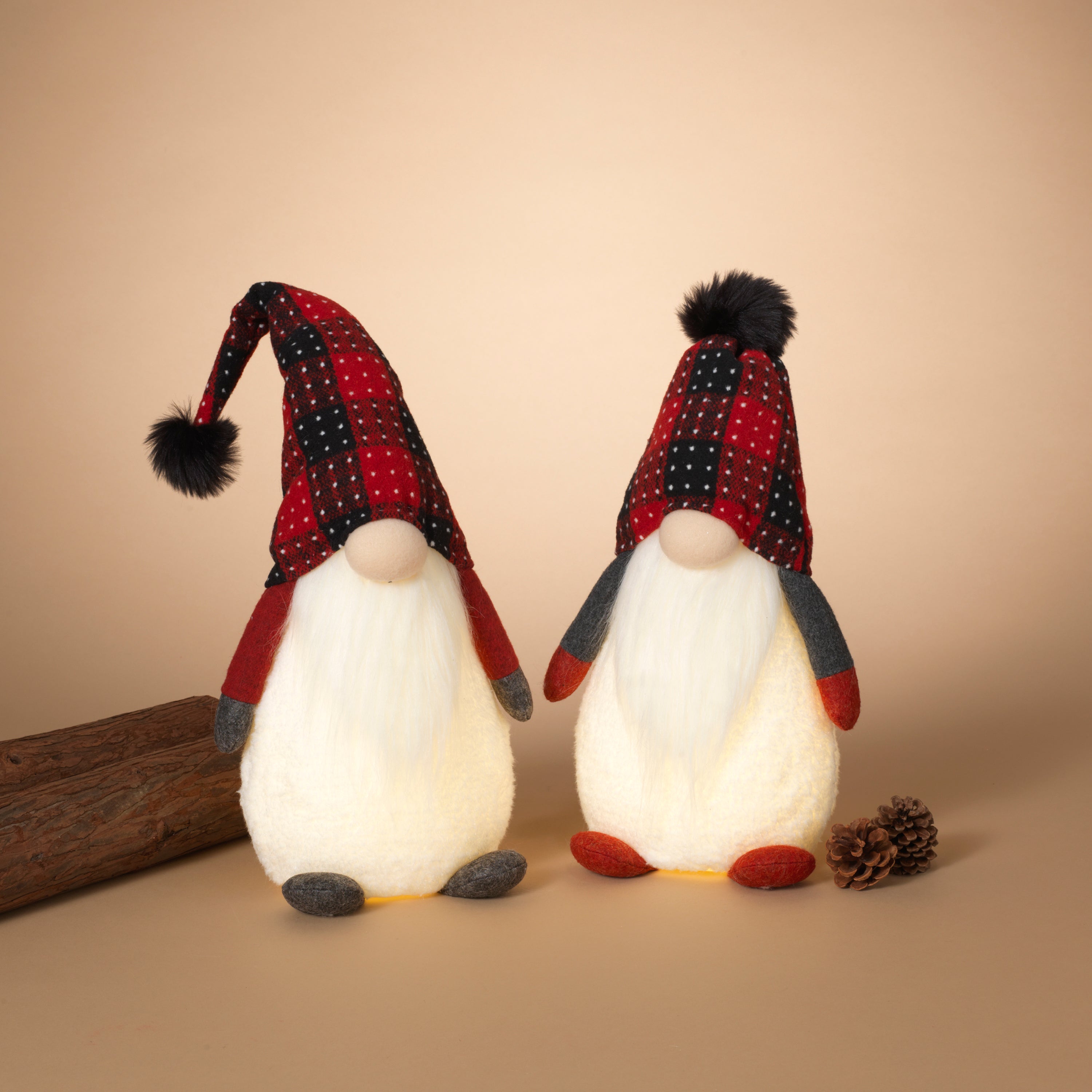 Set of 2 Red and Black Plaid Christmas Holiday Lighted Gnomes